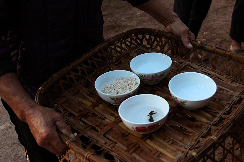 Gao, nuoc, muoi va ruou dung de “lam ly” khi mo lon voi y nghia cau mong sang nam moi gia chu se nuoi duoc nhung con lon to hon nam cu.