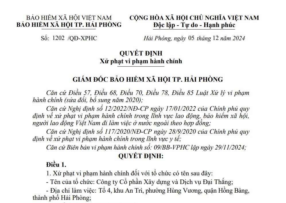 Dai Thang Construction and Service Joint Stock Company was fined by Hai Phong Social Insurance for violating social insurance regulations.