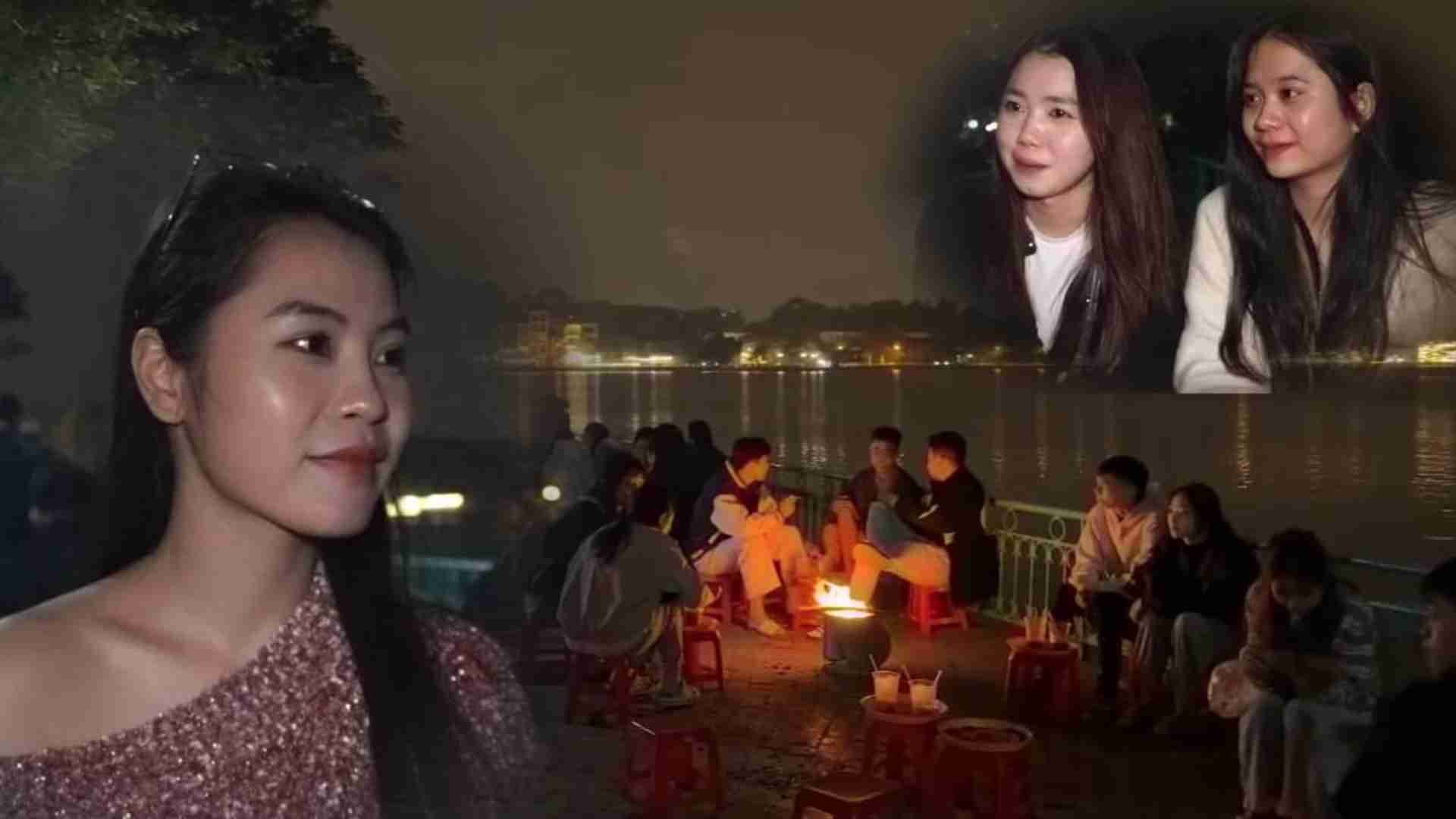 Young people gather to welcome the cold wind of 15 degrees Celsius by the roadside fire