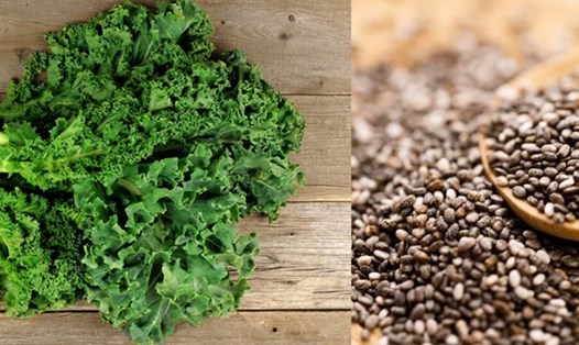 Hạt chia và cải Kale tốt cho sức khoẻ, nhiều canxi. Ảnh ghép: Nguyễn Ly
