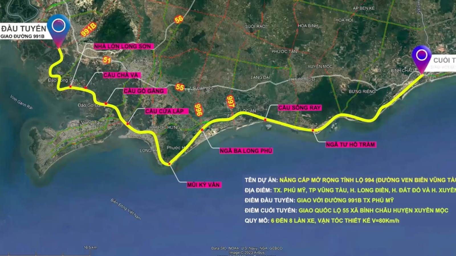 Tuyến đường ven biển ĐT994 dài hơn 77km, kết nối trục Đông-Tây tỉnh Bà Rịa - Vũng Tàu được kỳ vọng sẽ tạo sức bật cho kinh tế địa phương. Ảnh: BQLDA chuyên ngành giao thông