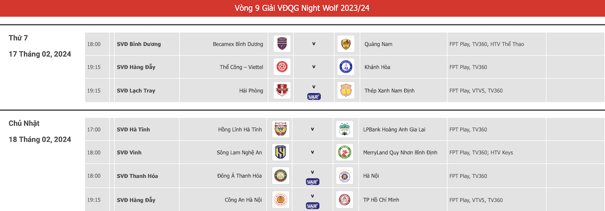 Lịch thi đấu vòng 9 V.League Night Wolf 2023-2024. 