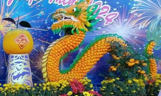 Hơn 2.000 trái quýt hồng Lai Vung đã làm nên linh vật rồng được nhiều người check - in trong dịp Tết Nguyên đán Giáp Thìn 2024. Ảnh: Hoàng Lộc