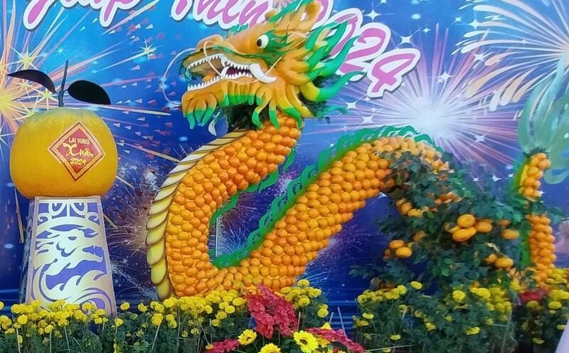 Hơn 2.000 trái quýt hồng Lai Vung đã làm nên linh vật rồng được nhiều người check - in trong dịp Tết Nguyên đán Giáp Thìn 2024. Ảnh: Hoàng Lộc
