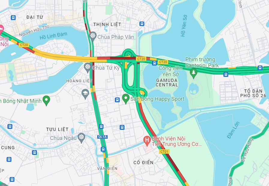Tình hình giao thông tại nút giao cao tốc Pháp Vân và Vành đai 3 lúc 14h20 qua ứng dụng Google Maps. Ảnh chụp màn hình
