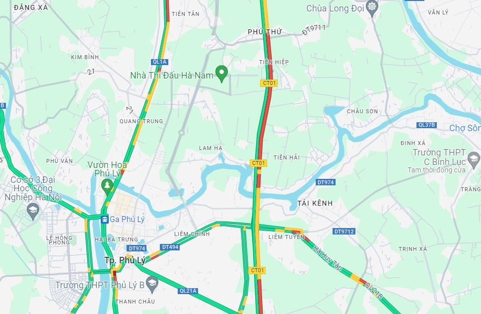 Tình hình giao thông tại đoạn trạm thu phí Liêm Tuyền lúc 14h20 qua ứng dụng Google Maps. Ảnh chụp màn hình