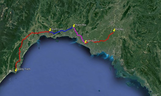 Dự kiến hướng tuyến đường dây 500kV mạch 3 từ Quảng Trạch đến Phố Nối. Ảnh: EVNNPT