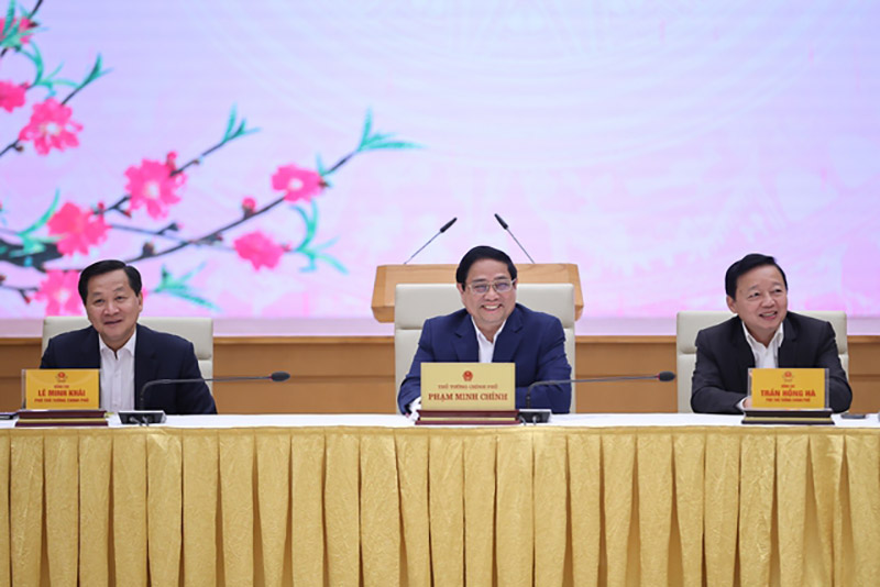 Thủ tướng Chính phủ Phạm Minh Chính và các Phó Thủ tướng Chính phủ dự cuộc gặp mặt đầu năm mới. Ảnh: Nhật Bắc