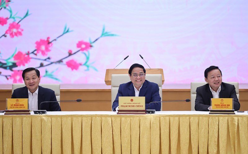 Thủ tướng Chính phủ Phạm Minh Chính và các Phó Thủ tướng Chính phủ dự cuộc gặp mặt đầu năm mới. Ảnh: Nhật Bắc