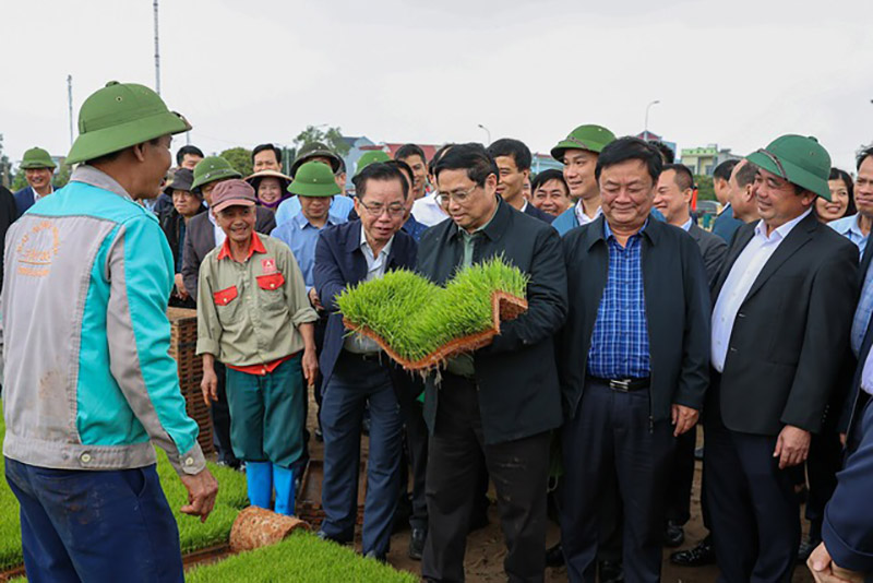 Thủ tướng Chính phủ Phạm Minh Chính thăm khu vực sản xuất mạ khay và cánh đồng gieo sạ bằng máy. Ảnh: Nhật Bắc