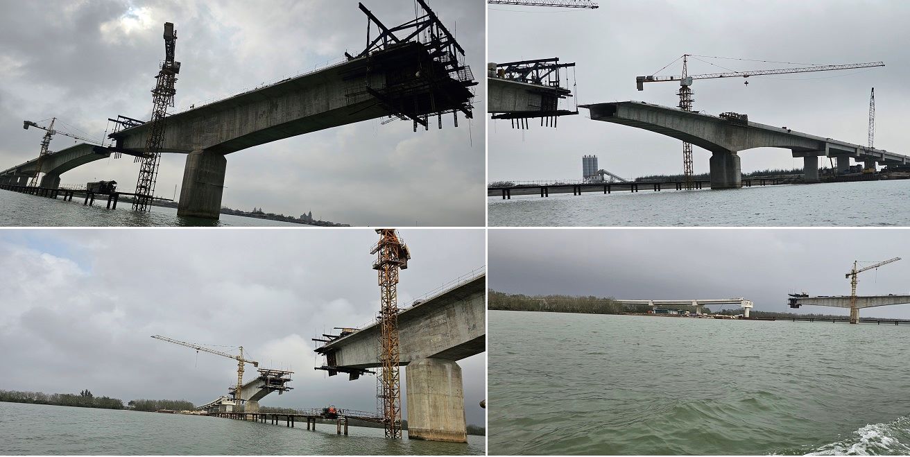 Nhà thầu đang đẩy nhanh tiến độ thi công cầu nối Thái Bình - Nam Định qua sông Hồng nằm trên tuyến đường bộ ven biển. Ảnh: Nam Hồng