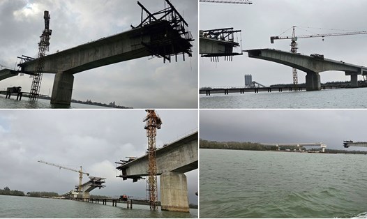 Nhà thầu đang đẩy nhanh tiến độ thi công cầu nối Thái Bình - Nam Định qua sông Hồng nằm trên tuyến đường bộ ven biển. Ảnh: Nam Hồng