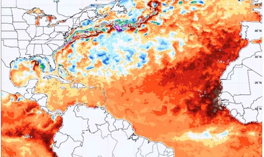 Đại Tây Dương nóng bất thường đang làm dấy lên mối lo ngại về một mùa bão dữ dội. Ảnh: Weatherbell