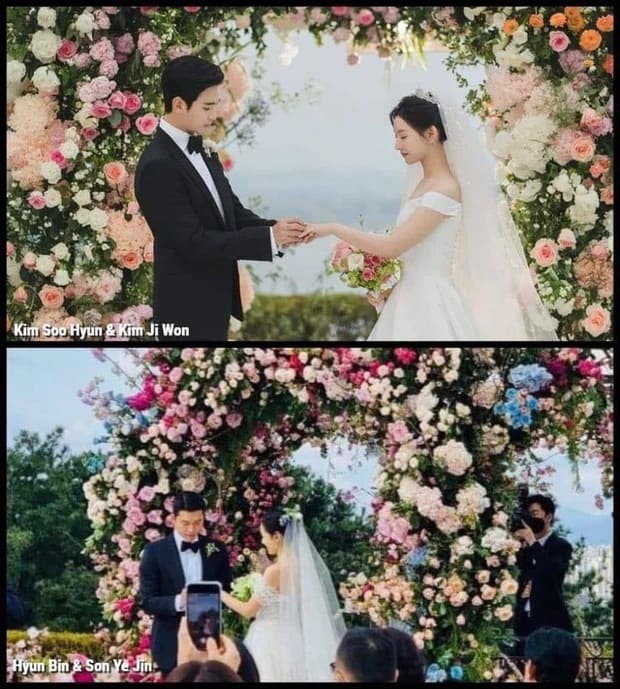 Khán giả chia sẻ, khi nhìn khung hình cưới của Kim Ji Won và Kim Soo Hyun, họ liên tưởng ngay đến đám cưới của Hyun Bin và Son Ye Jin ngoài đời thực. Ảnh: X