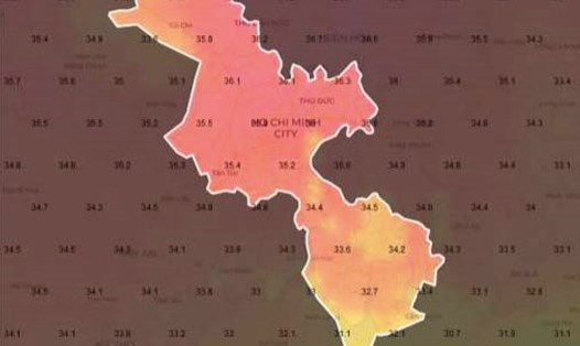 Bản đồ dự báo nhiệt độ cao nhất lúc 15h00 ngày 17.2. Ảnh: Đài Khí tượng Thủy văn khu vực Nam Bộ