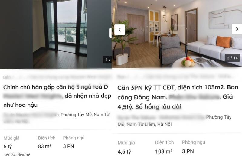Nhiều căn hộ chung cư cũ, đã qua sử dụng tại phường Tây Mỗ (quận Nam Từ Liêm, Hà Nội) đang rao bán 4 - 5 tỉ đồng/căn. Ảnh: chụp màn hình