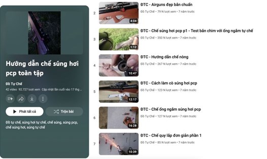 Các video chia sẻ về cách sử dụng súng, cách tự chế súng tại nhà... tràn lan trên YouTube. Ảnh chụp màn hình