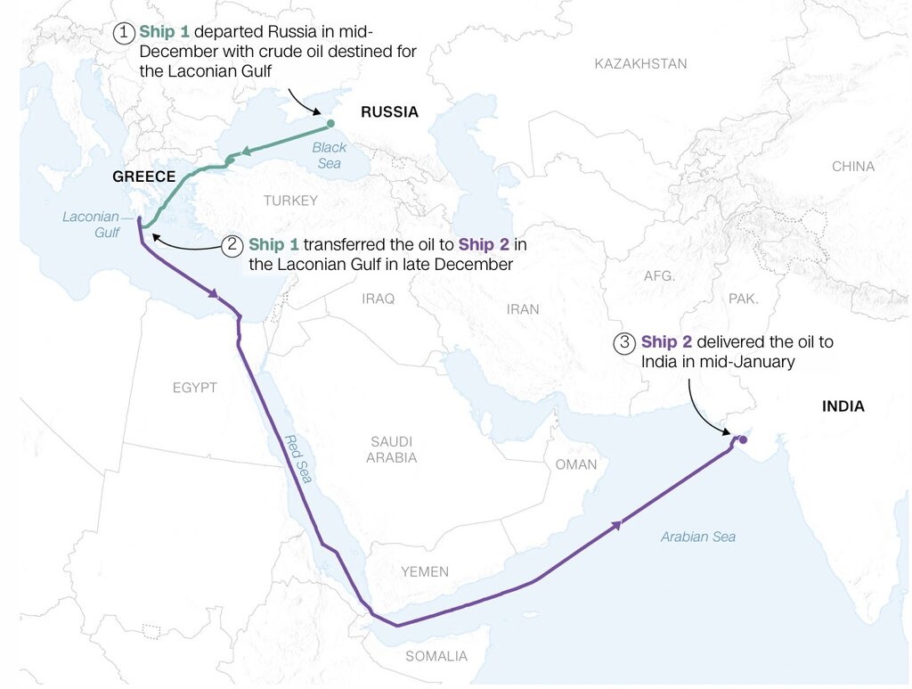 Lộ trình vận chuyển dầu của Nga tới Ấn Độ của hạm đội bóng tối. Ảnh chụp màn hình CNN