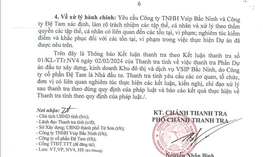Thanh tra tỉnh Bắc Ninh vừa ban hành kết luận thanh tra phần dự án đầu tư xây dựng, kinh doanh Khu đô thị và dịch vụ VSIP Bắc Ninh, do Công ty cổ phần Đệ Tam làm nhà đầu tư. Ảnh: Chụp màn hình. 
