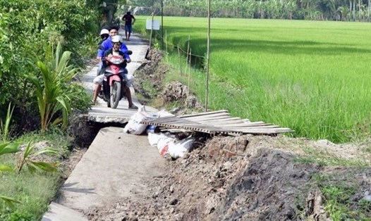 Gia cố đoạn đường sụt lún tại xã Trần Hợi, huyện Trần Văn Thời, tỉnh Cà Mau. Ảnh: Nhật Hồ
