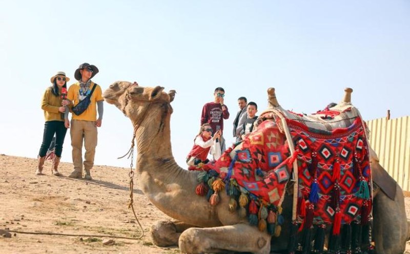 Du khách Trung Quốc tham quan Kim tự tháp Giza ở Giza, Ai Cập. Ảnh: Xinhua