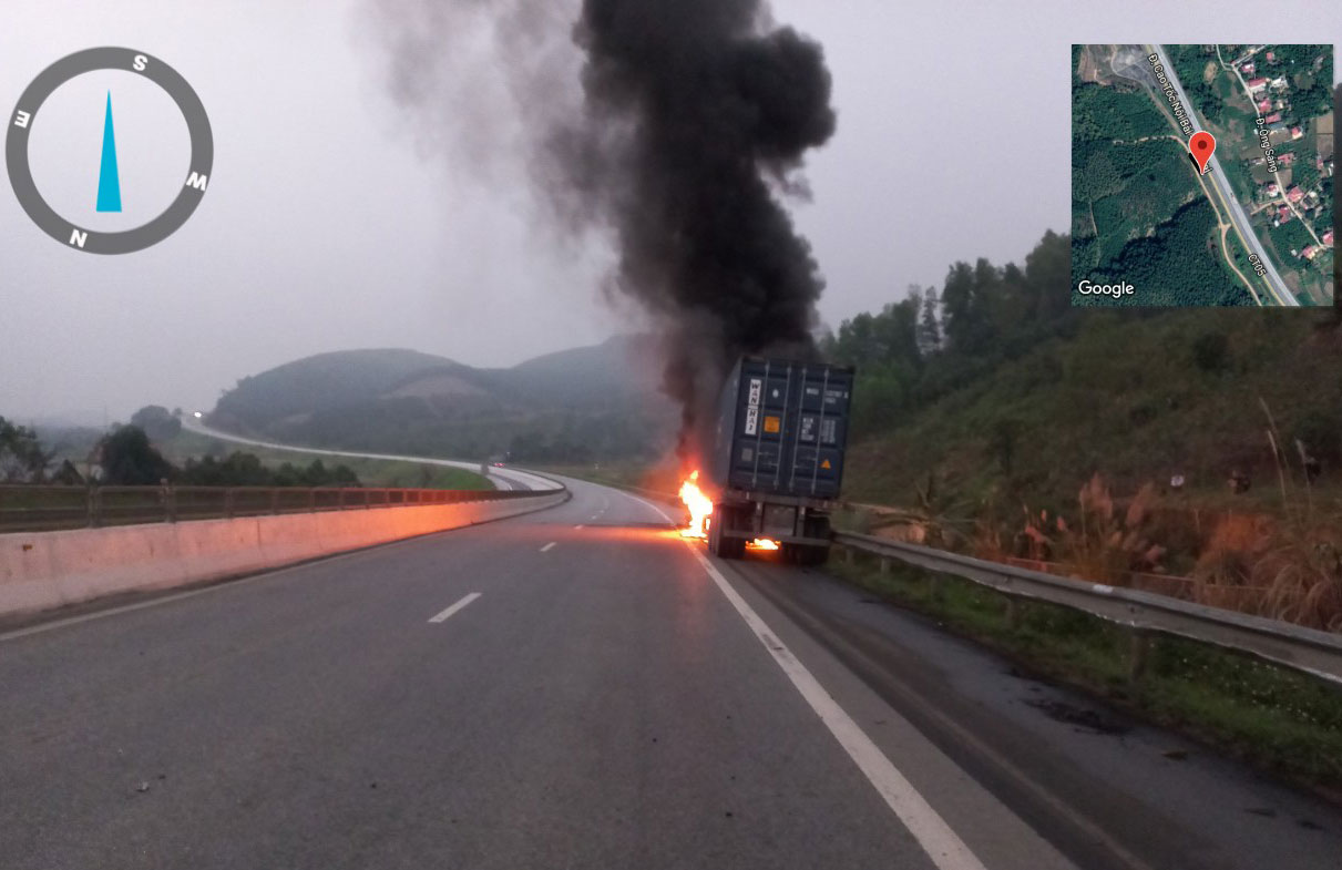 Hiện trường vụ xe tải bốc cháy trên cao tốc Nội Bài - Lào Cai. Ảnh: CSGT cung cấp