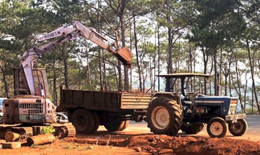 Khu vực UBND xã Nâm N'jang phối với các lực lượng tiến hành tổ chức cưỡng chế các hộ dân lấn chiếm đất rừng thông trái quy định để bàn giao cho cơ quan chức năng quản lý. Ảnh: Quang Vũ