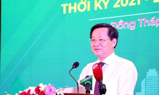 Bí thư Trung ương Đảng, Phó Thủ tướng Chính phủ Lê Minh Khái phát biểu tại Hội nghị công bố quy hoạch tỉnh Đồng Tháp. Ảnh: Nguyệt Ánh