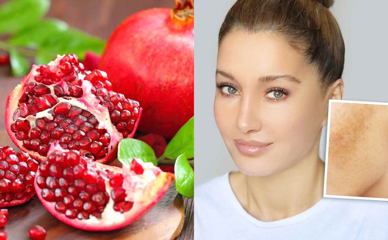 Lựu bao nhiêu calo? Tìm hiểu lượng calo và lợi ích dinh dưỡng 3 Hình ảnh trái lựu bổ đôi bên cạnh gương mặt người phụ nữ, có thêm hình nhỏ về làn da.