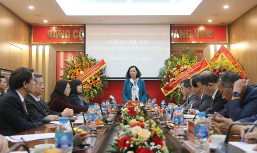 Ủy viên Bộ Chính trị, Thường trực Ban Bí thư, Trưởng ban Tổ chức Trung ương Trương Thị Mai phát biểu tại Ban Bảo vệ, chăm sóc sức khỏe cán bộ Trung ương. Ảnh: T.Vương