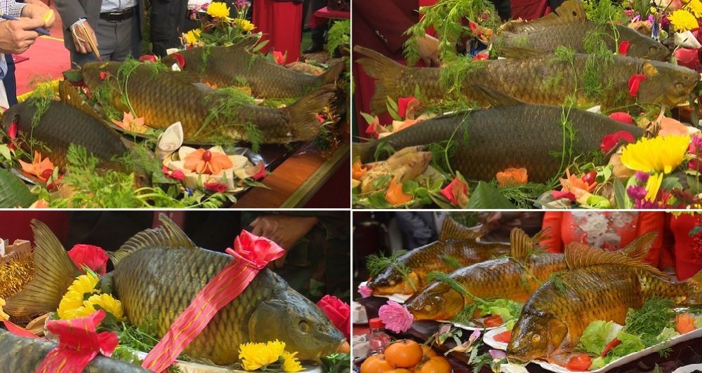Những con cá vàng ruộm trong mâm cỗ cá thi tài tại lễ hội đền Trần Thái Bình 2024. Ảnh: Nam Hồng