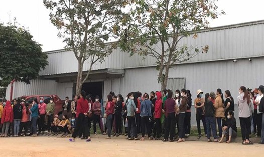 Hơn 300 công nhân của Công ty Sein Together Vinh Vina (xã Thanh Khê, huyện Thanh Chương, Nghệ An) ngừng việc tập thể. Ảnh: Nguyễn Nam