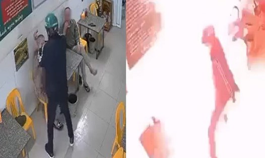 Hiện trường vụ đổ xăng lên đầu rồi đốt giữa quán bia ở Hà Nội. Ảnh chụp màn hình
