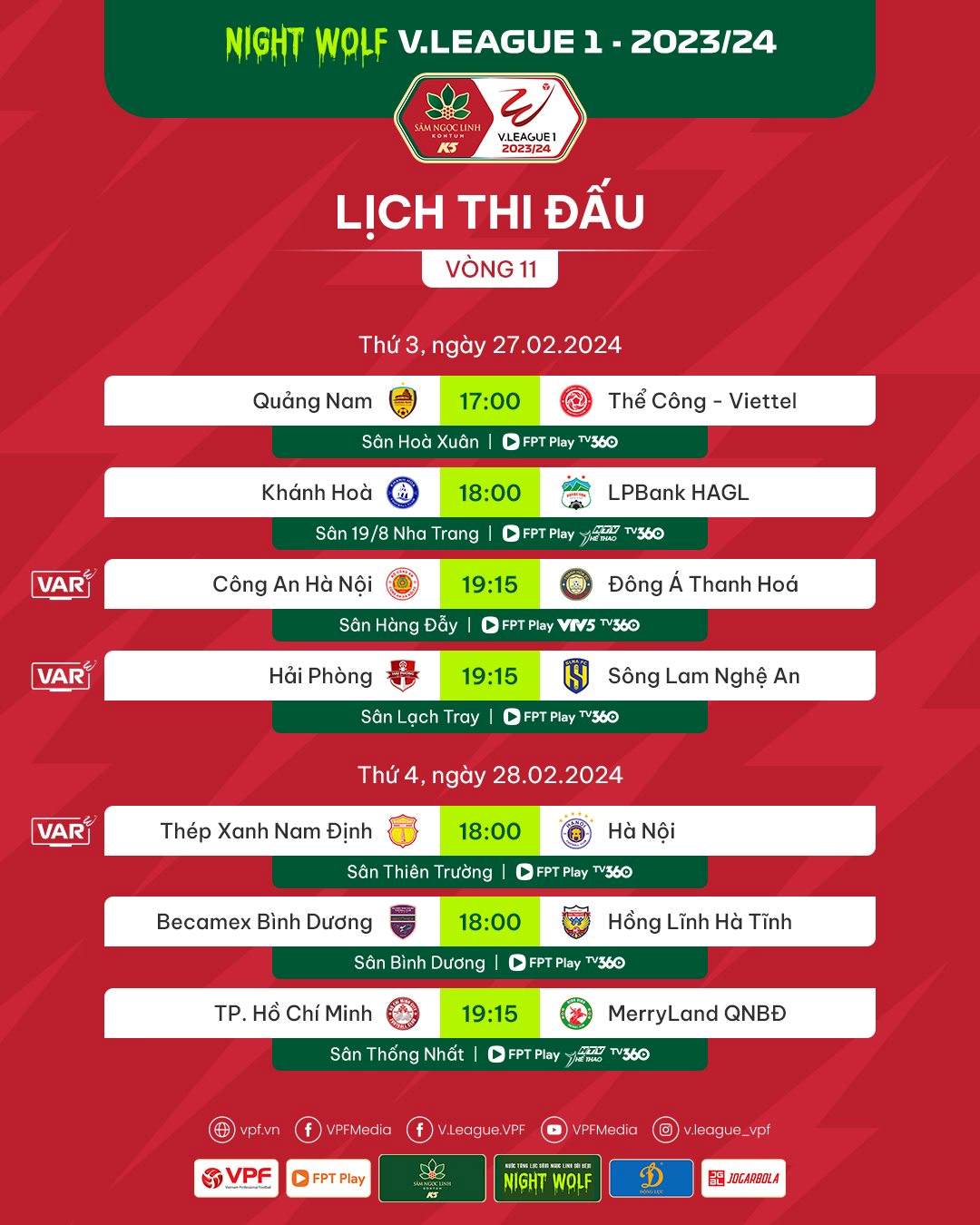 Lịch thi đấu vòng 11 Night Wolf V.League 2023-2024. Ảnh: VPF