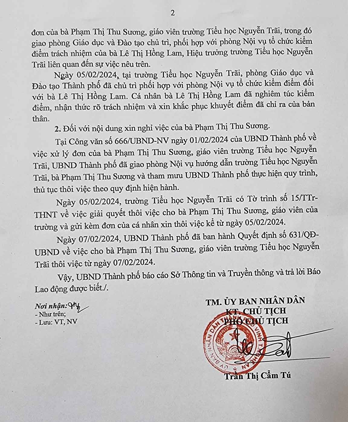 Công văn của UBND TP Vinh gửi Sở Thông tin - Truyền thông tỉnh Nghệ An và Báo Lao Động thông tin về kết quả xử lý thông tin báo phản ánh. Ảnh: Quang Đại