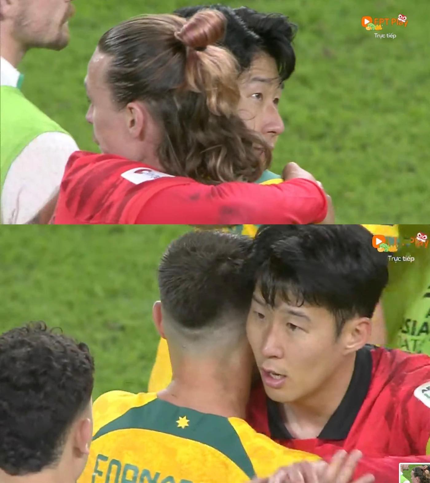 Tiền đạo Son Heung-min an ủi cầu thủ Australia sau tứ kết. Ảnh: Chụp màn hình