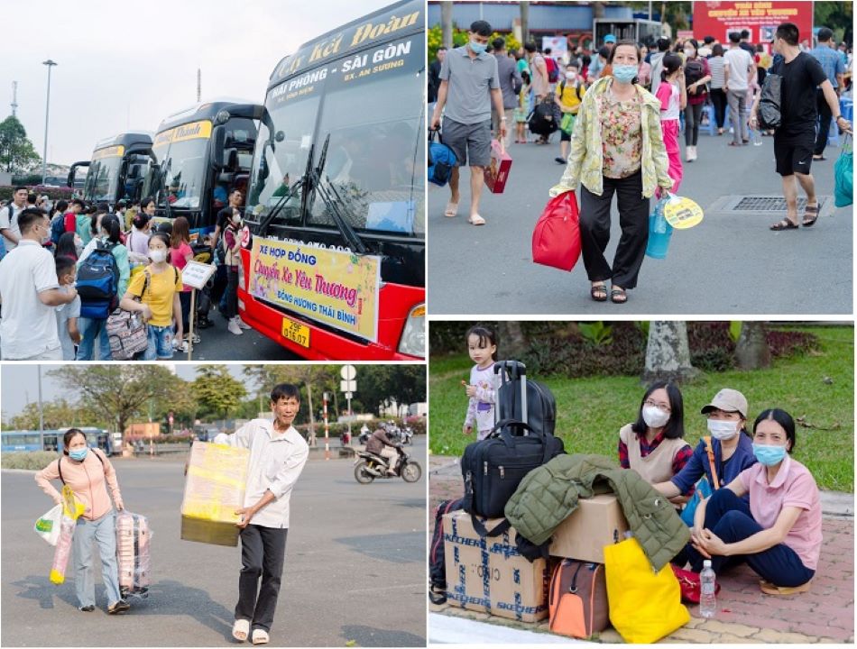 Chiều 1.2, công nhân, lao động nghèo quê Thái Bình tập trung tại Công viên phần mềm Quang Trung để lên “Chuyến xe yêu thương” về Thái Bình ăn Tết cùng gia đình. Ảnh: Ban tổ chức