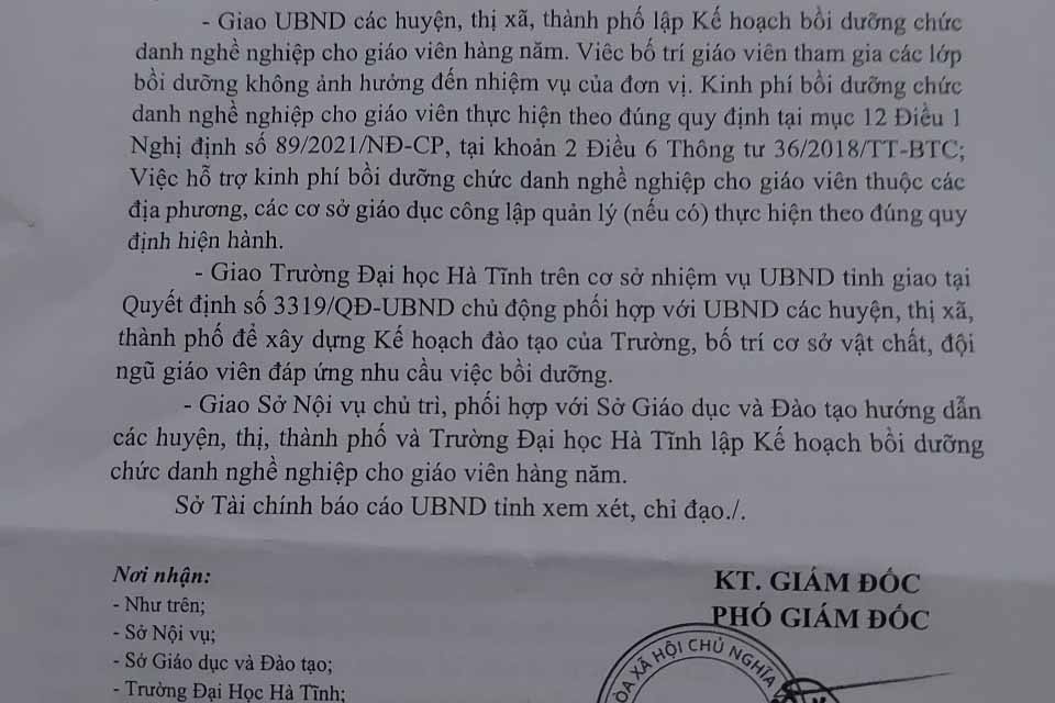 Văn bản tham mưu của Sở Tài chính cho UBND tỉnh Hà Tĩnh. Ảnh: Trần Tuấn.