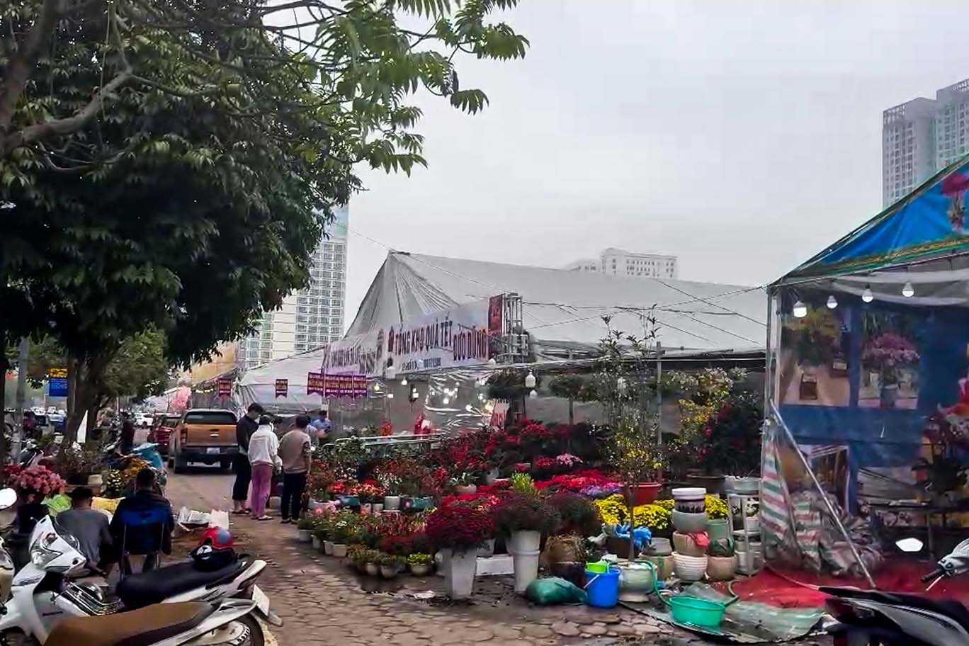 Khu vực chợ hoa xuân tại ô đất E5 đường Dương Đình Nghệ. Ảnh: Nhóm PV.