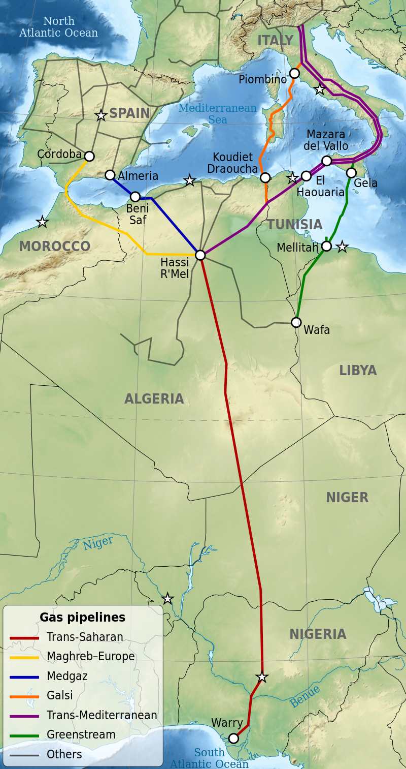 Đường ống dẫn khí xuyên Sahara (màu đỏ). Ảnh: Wiki