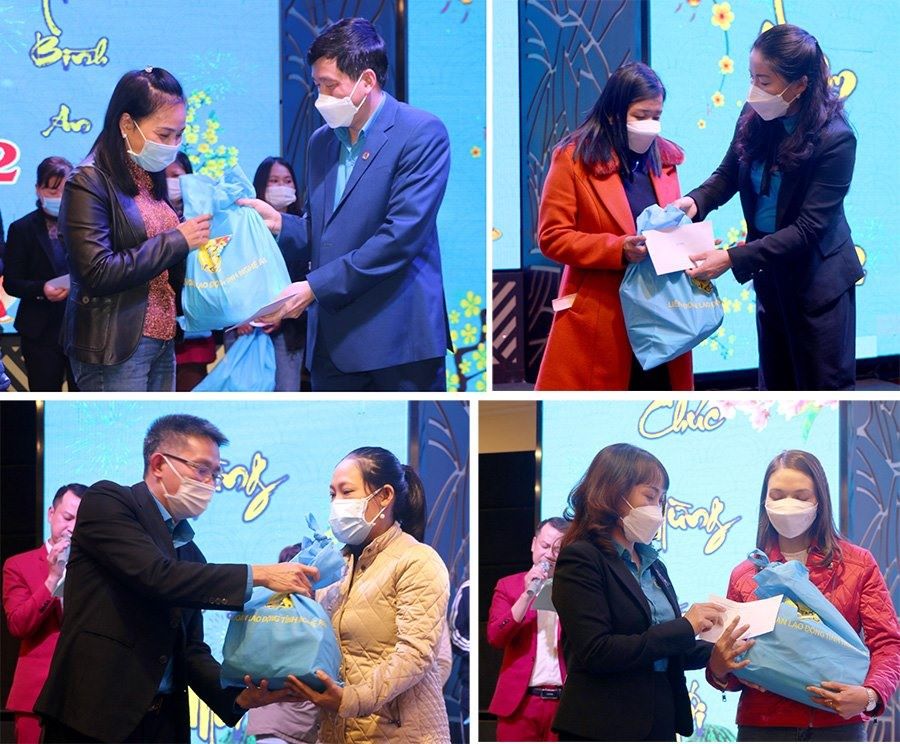  Lãnh đạo các cấp công đoàn tỉnh Nghệ An trao quà cho công nhân trong “Tết sum vầy“. Ảnh: Thanh Tùng