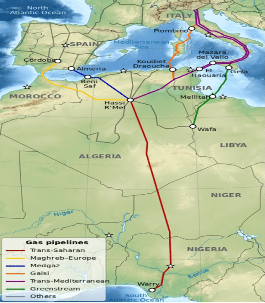 Đường ống dẫn khí xuyên Sahara (màu đỏ) chạy từ các mỏ giàu tài nguyên của Nigeria ở vùng Warri qua Niger và đến thị trấn Hassi R’Mel ở Algeria, kết nối các thị trường khu vực châu Phi và châu Âu qua bờ biển Địa Trung Hải. Ảnh: Wiki