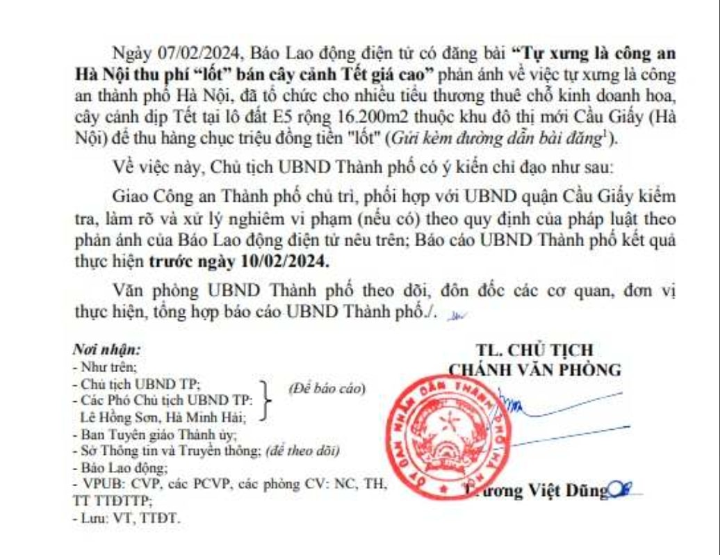 Chủ tịch UBND TP Hà Nội chỉ đạo kiểm tra, xử lý vụ tự xưng công an thu phí lốt bán cây cảnh Tết. Ảnh: Chụp màn hình văn bản.