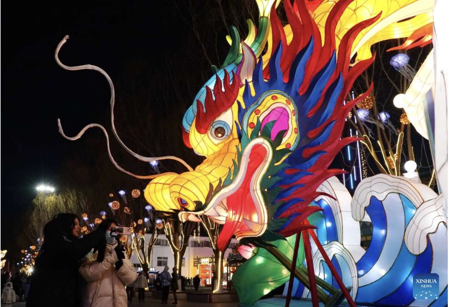  Đèn lồng hình đầu rồng trang trí công phu ở đô thị Tần Hoàng Đảo, tỉnh Hà Bắc, phía bắc Trung Quốc. Ảnh: Xinhua