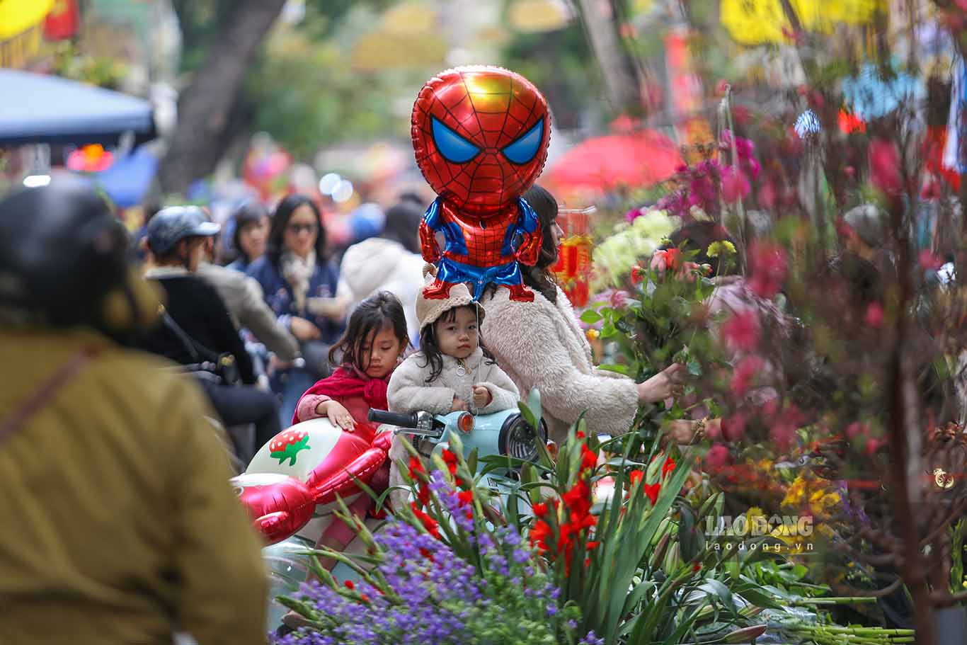 Nhiều em nhỏ được bố mẹ dẫn theo ra chợ hoa.