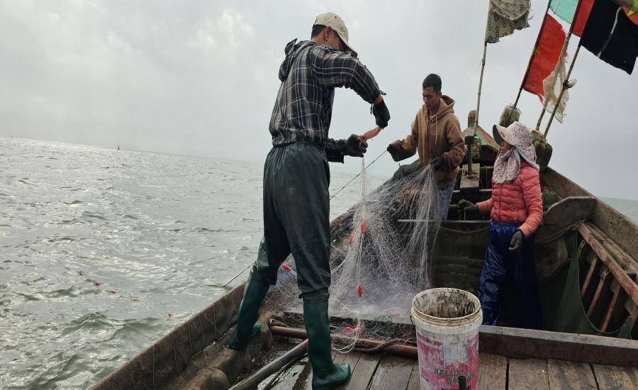 Ngư dân xóm 4, thôn Đông Biên Nam, xã Nam Hồng, huyện Tiền Hải, tỉnh Thái Bình) lênh đênh mưu sinh trên biển bằng thuyền máy nhỏ, đi về trong ngày. Ảnh: Trung Du