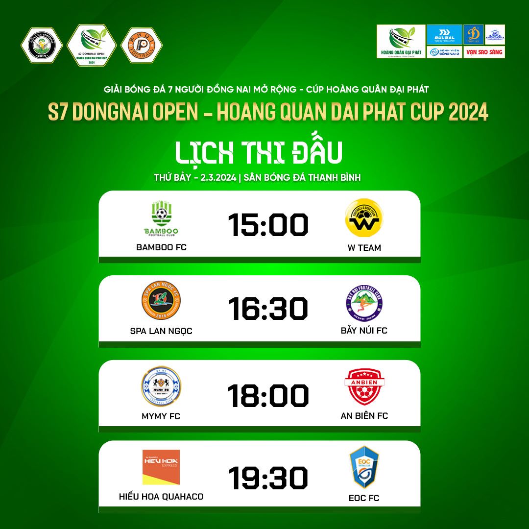 Lịch thi đấu các lượt trận tứ kết Giải vô địch bóng đá sân 7 Đồng Nai mở rộng Hoàng Quân Đại Phát Cup 2024. 