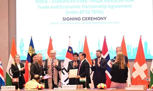 Ấn Độ và EFTA ký hiệp định thương mại tự do ngày 10.3.2024. Ảnh: X/Bộ trưởng Thương mại Ấn Độ Piyush Goyal