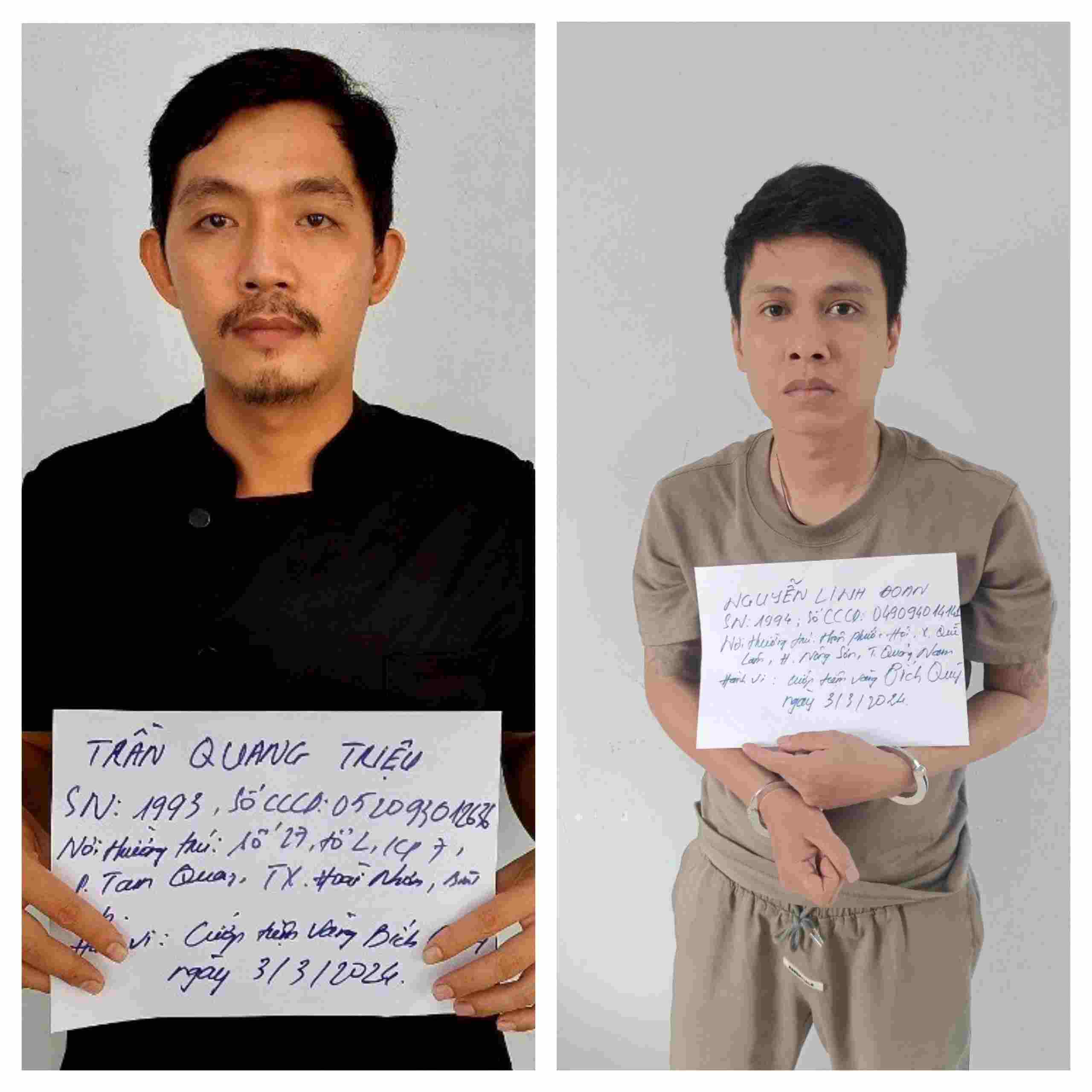 Hai đối tượng gây ra vụ cướp tiệm vàng Bích Quý đã sa lưới. Ảnh: CACC