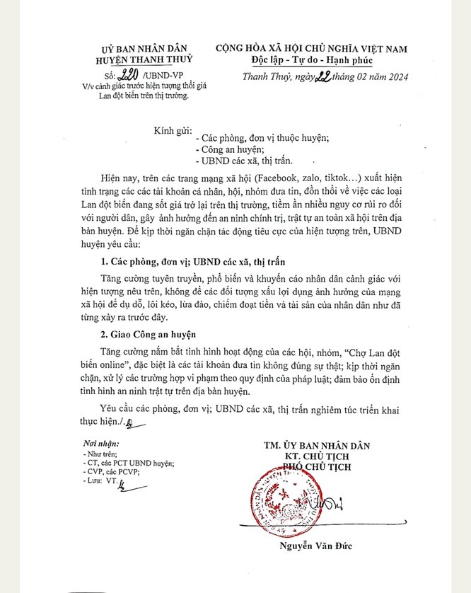 Văn bản cảnh báo của UBND huyện Thanh Thủy. Ảnh: Tô Công.